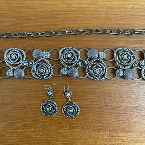 Vintage Chico’s Silver & Crystal Chain Belt and Earrings